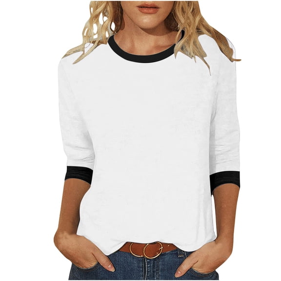aidice Shirts for Women Casual Comfy Round Neck 3/4 Sleeve Tops Fitting Color Block Shirts Loungewear