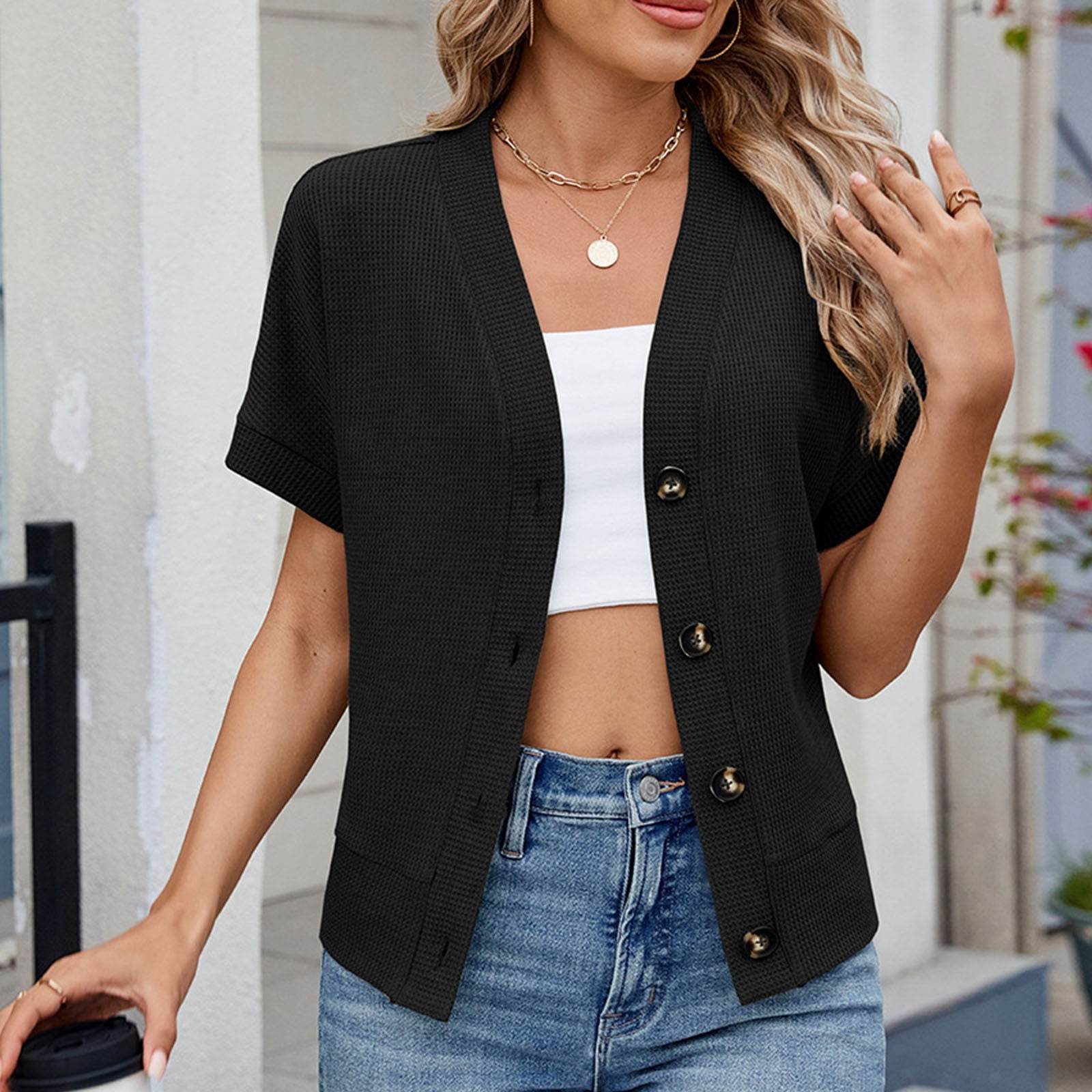 Tie G U Style Women's 3/4 Sleeve V Neck Tunic Top - Stretch Cotton Loose Blouse For Casual & Work, Rich Black, Medium - View #9