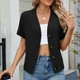 thumbnail image 5 of Fashion Olyvenn Women Waffle Knit Button Down T-Shirts Dressy Short Sleeve V Neck Cropped Tops Casual Loose Fit Office Work Blouses Black XXL, 5 of 8