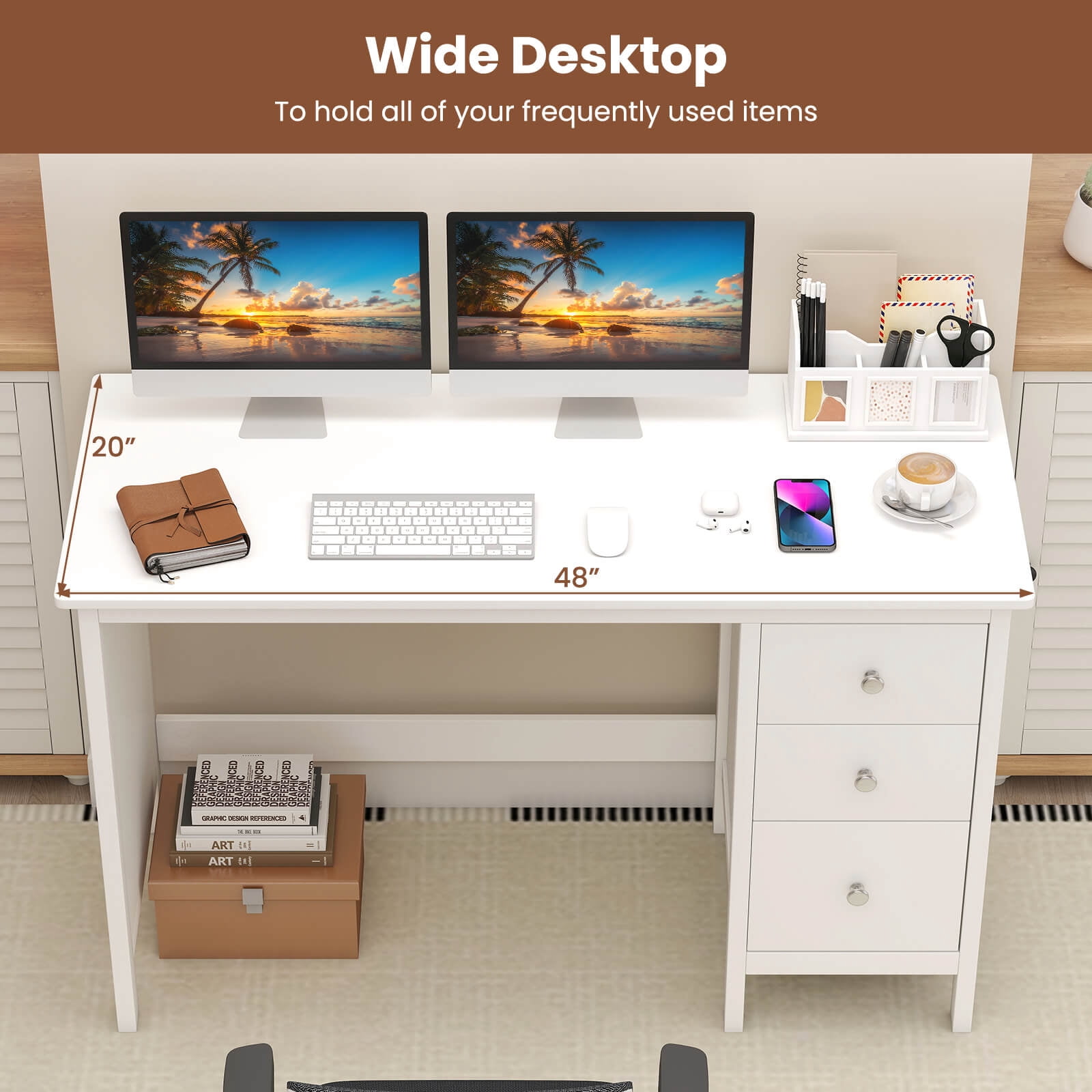 Costway Computer Desk with 3 Drawers 48" Wide Writing Desk with Storage Anti-tip Kit White