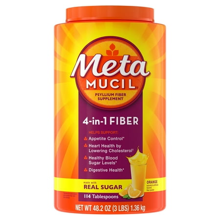 Metamucil 4-in-1 Psyllium Fiber Supplement, Real Sugar Orange,130Tbsp