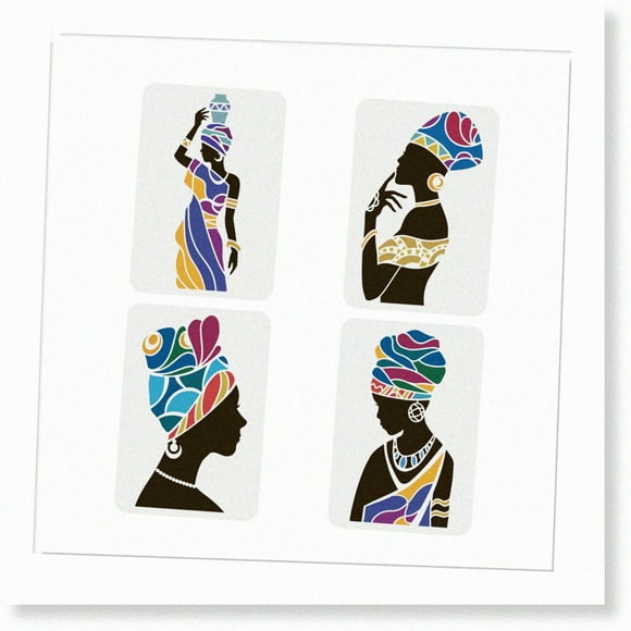 4PCS African Tribal Women Wall Stencils for Painting - Reusable Large DIY Art Stencils for Wall and Fabric - 11.7x8.3 inch PET Material