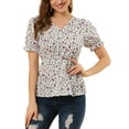 thumbnail image 1 of INSPIRE CHIC Women's Faux Placket Ruffle Hem Puff Sleeve Button Decor Peplum Top, 1 of 6