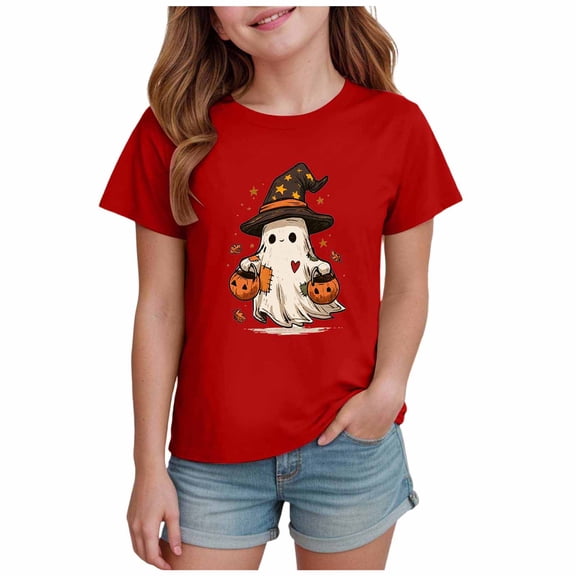 CZGDER Halloween Shirts for Kids Girls Short Sleeve, Toddler T Shirts Tops, Round Neck Pullover Printed Ghost, Red 5-6 Years