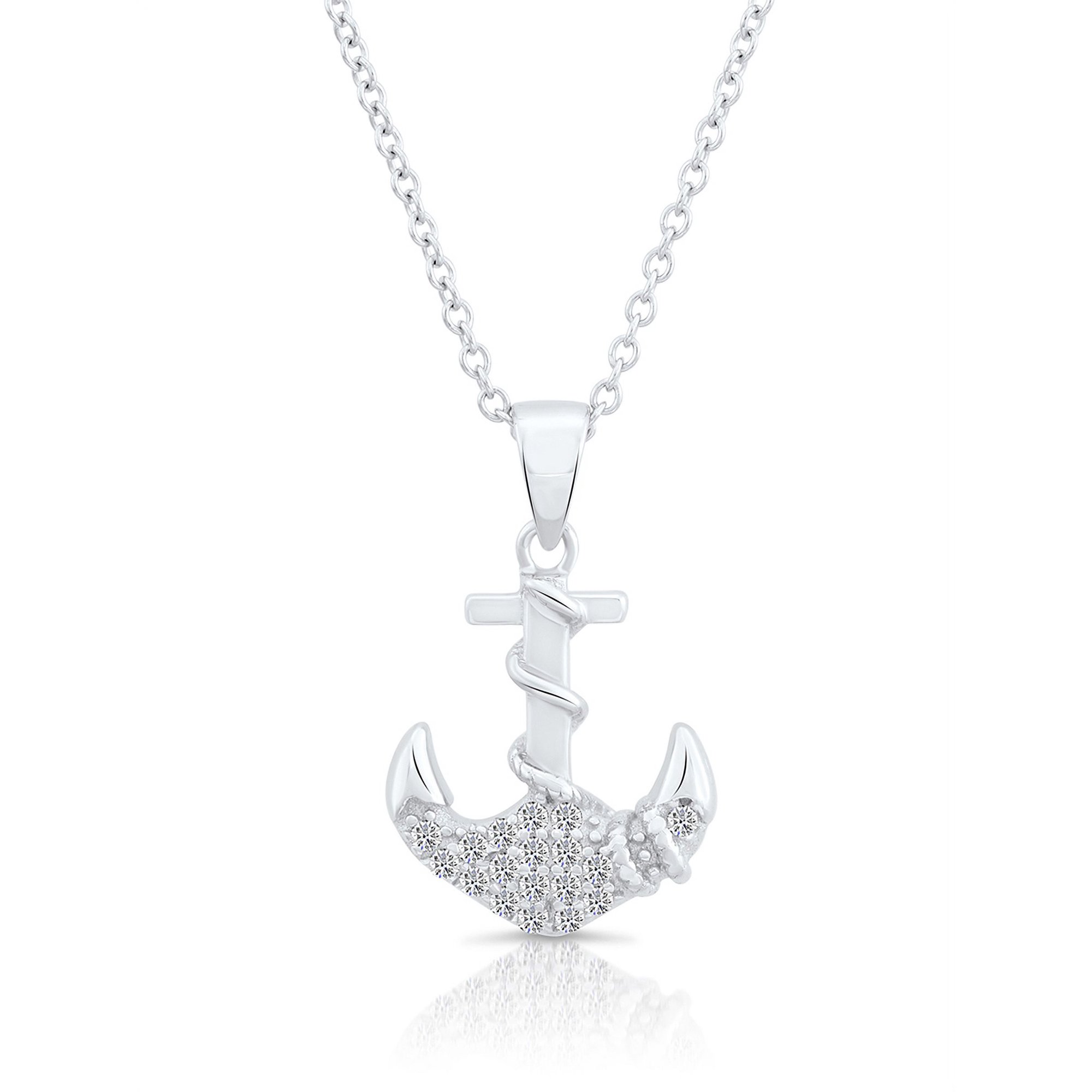 Tilo Jewelry Sterling Silver Anchor Pendant Necklace with Cubic Zirconia Stones | 18 Inch