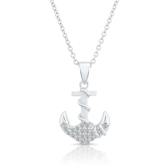 Tilo Jewelry Sterling Silver Anchor Pendant Necklace with Cubic Zirconia Stones | 18 Inch