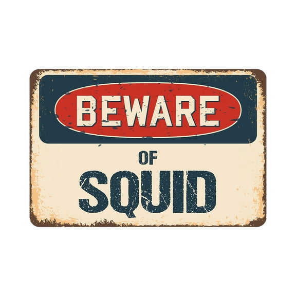 Beware Of Squid Rustic Sign | Rustic, Distressed Vintage Look | Decal | Indoor/Outdoor | Funny Home Décor for Garages, Living Rooms, Bedrooms, Offices