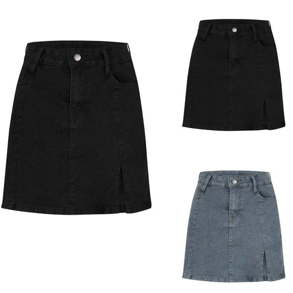 Feancey Denim Skorts for Women Trendy Split Hem Bodycon Jean Skirts with Shorts and Pockets Dressy Casual High Waisted Mini Skirt Y2k Clothes Black S