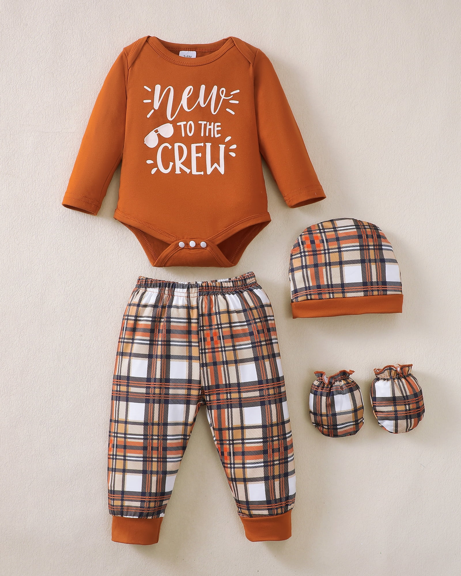 KIMI BEAR Newborn Baby Boys Layette Set Winter Outfits Long Sleeves Romper Set Letter Print Top Plaid Pants with Hats and Gloves 16pcs Clothing Brown 9-12 Months