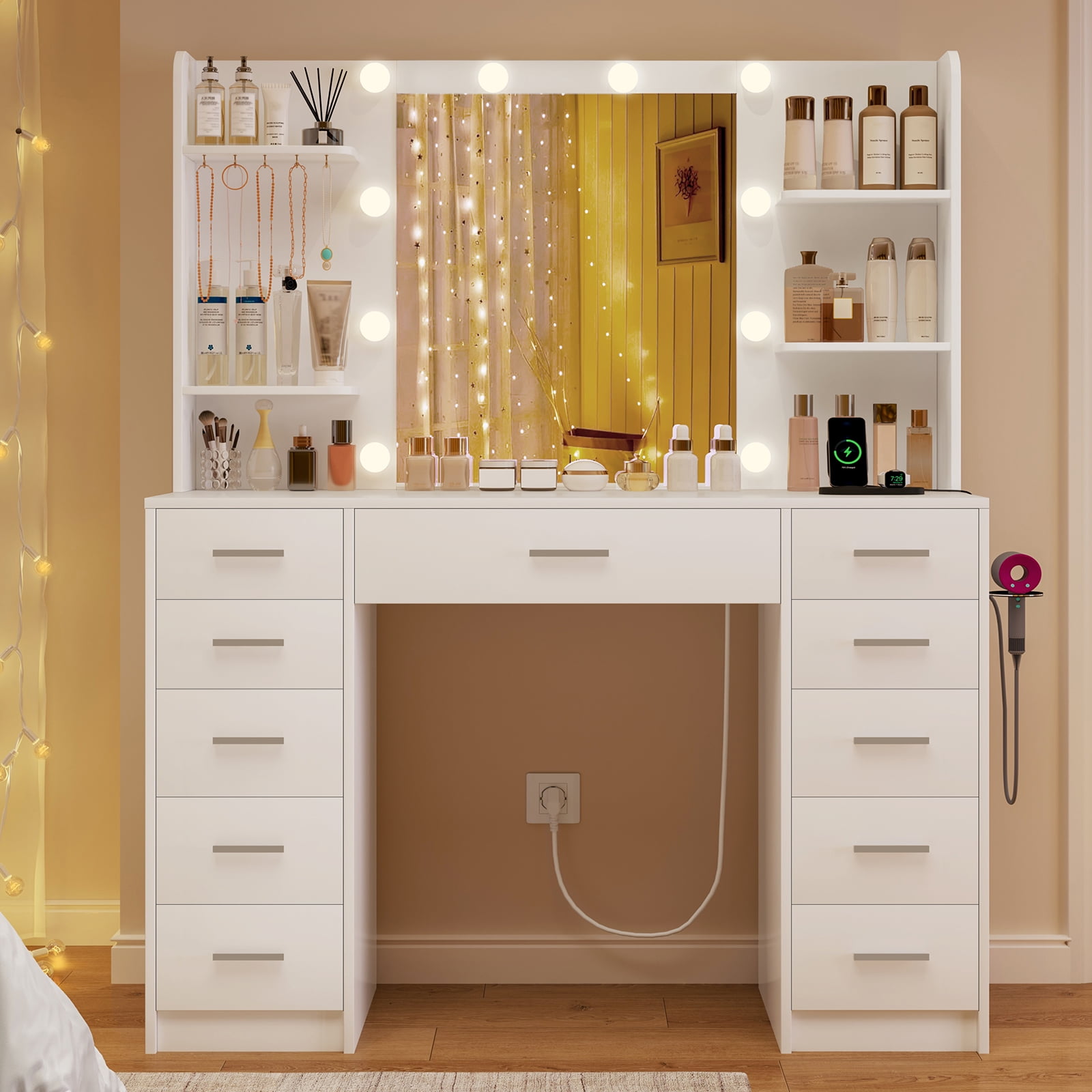 Makeup Vanity Set with Mirror, Vanity Desk with 11 Drawers and Adjustable Lights, Power Outlet, 6 Open Storage Shelves & 5 Hooks, vanity set for Bedroom, White
