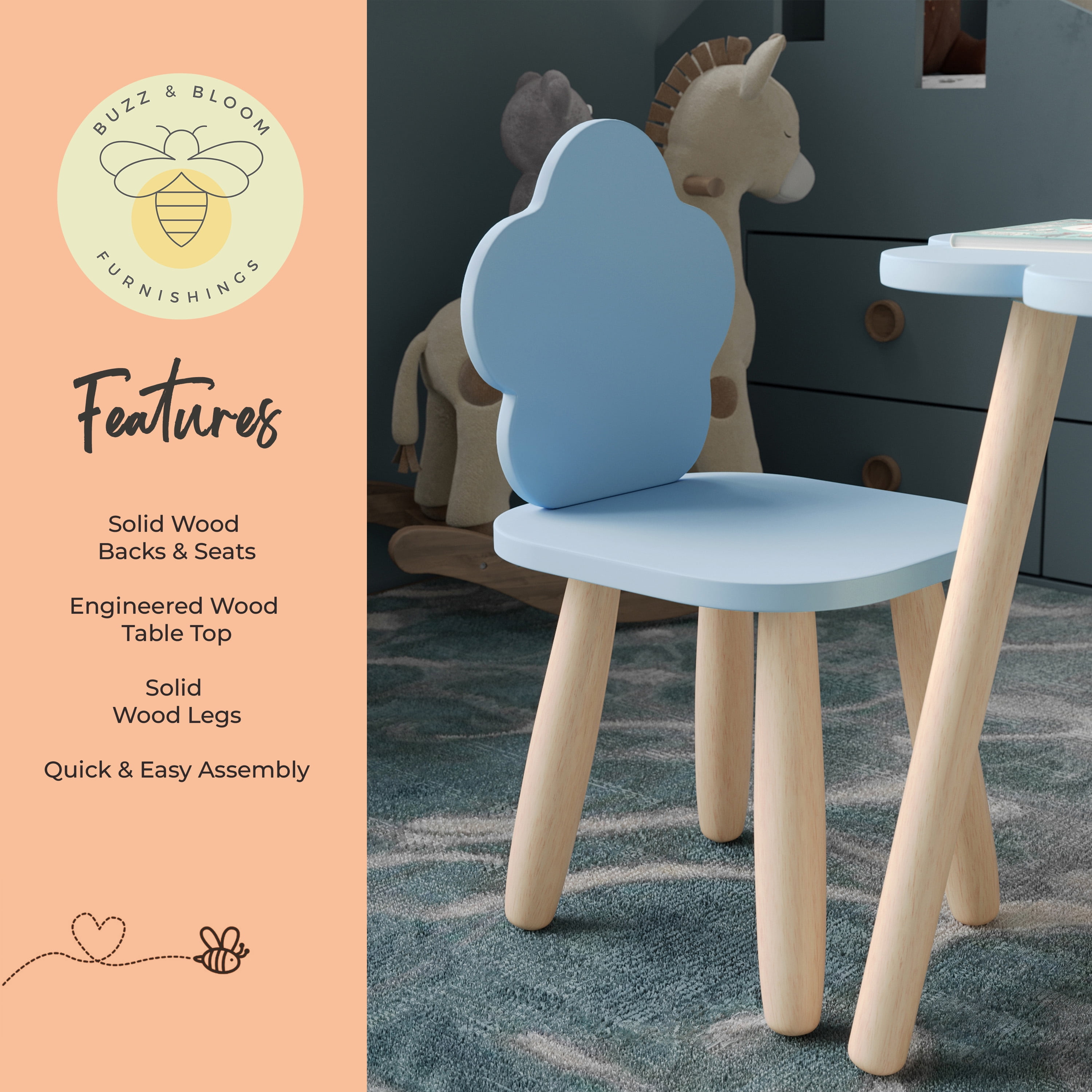 Buzz & Bloom Kids 3-Piece Wooden Cloud-Shaped Table and Chairs Set, Blue/Natural