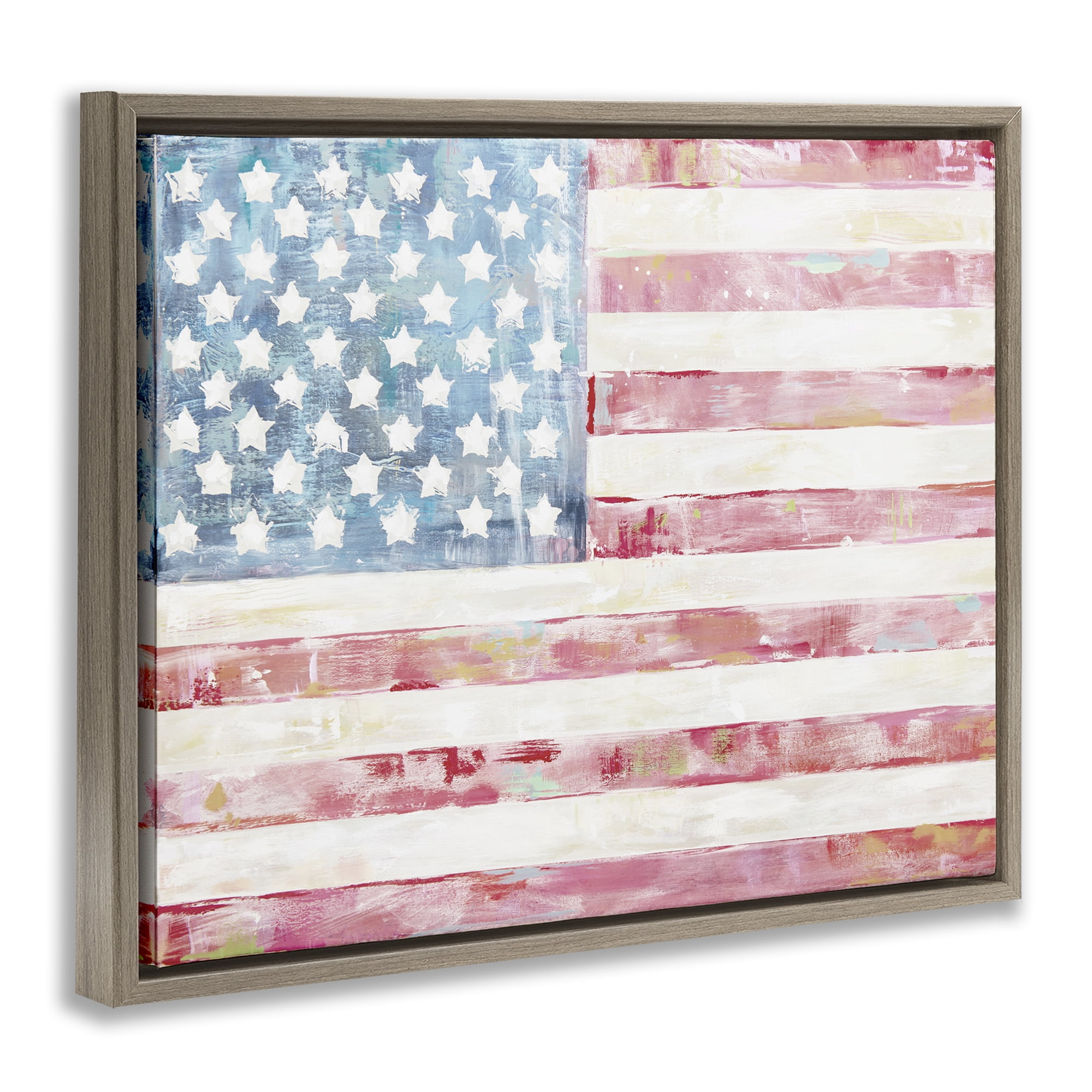 Stupell Industries Patriotic Brushed Flag Town & City Painting Brown Floater Framed Canvas Art Print Wall Art, 21 x 17