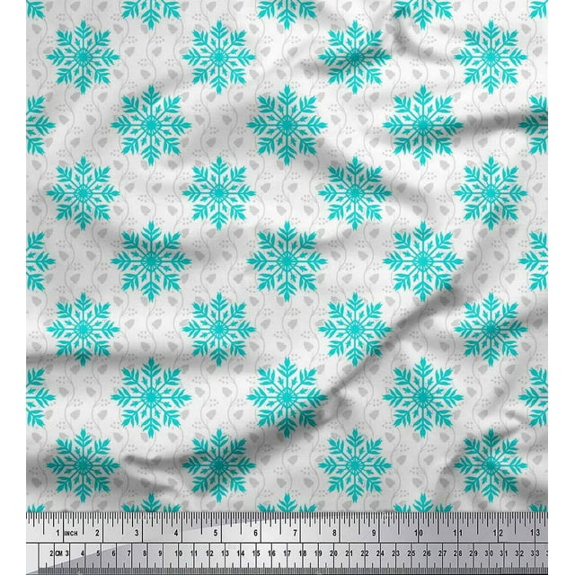 Soimoi polyester Crepe Fabric Leaves & Snowflake Artistic Printed Fabric 1 Yard 52 Inch Wide