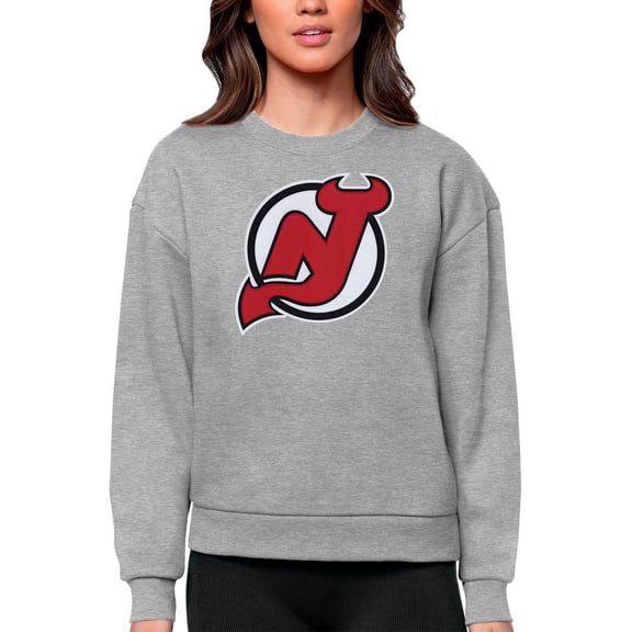 Women's Antigua Heather Gray New Jersey Devils Primary Logo Team Logo Victory Crewneck Pullover Sweatshirt