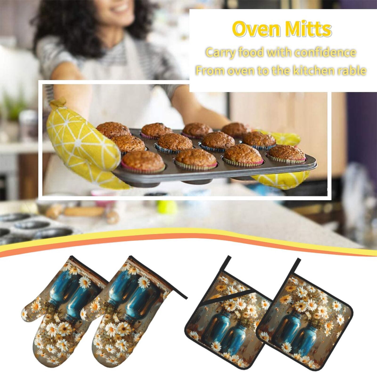Naloa Rustic Daisy Mason Jars Oven Mitts and Pot Holders 4 pcs Set, Cooking Baking Grilling Kitchen Oven Glove for Cooking