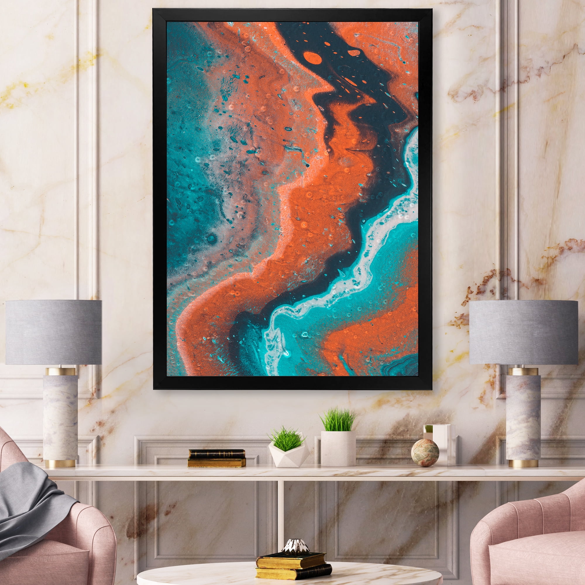 Designart 'Abstract Marble Composition In Orange and Blue I' Modern Framed Art Print