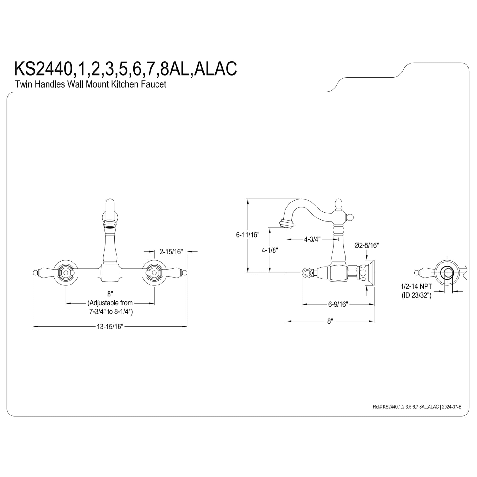 Kingston Brass KS2448AL Heritage Double-Handle Wall-Mount Bridge Kitchen Faucet, Brushed Nickel