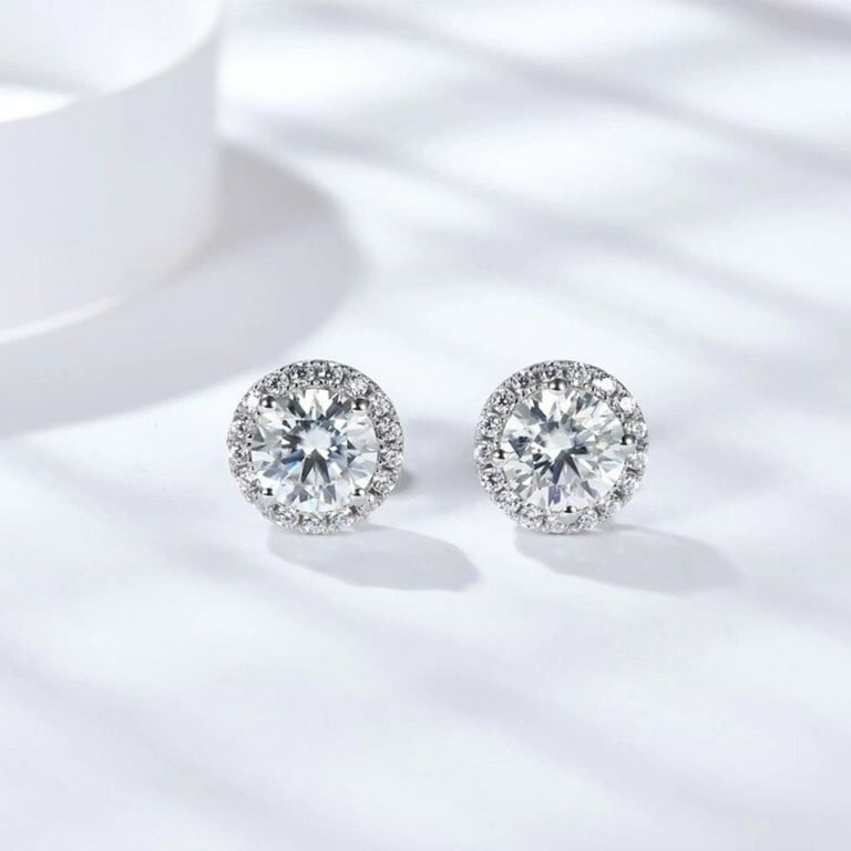 ●TATIANA● Silver 925 Moissanite 1 Carat Earrings DE0003 17 Round Cut Moissanite Stud Earrings, 925 Sterling Silver 1