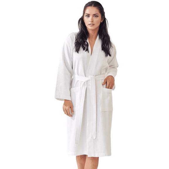 Elegani Robes - Women's 100% Turkish Cotton Waffle Kimono Long Below the Knee Bathrobe (Luxury & Comfort) White (One Size)