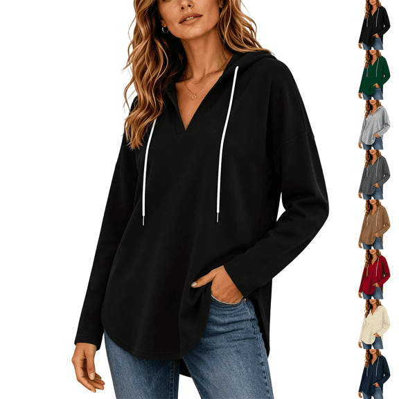 Hoodie Hzzrkos Women's V-neck Hooded Sweatshirt Long Sleeved Drawstring Hooded Pullover Casual Loose Fall And Winter Curved Hem Sweatshirt Beige L