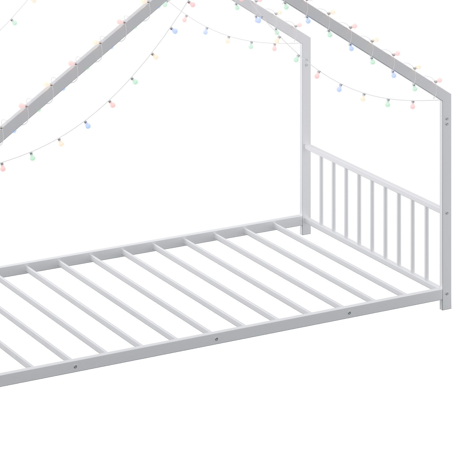 PORKISS Twin Size Floor Bed, Metal Toddler Bed with LED Light Strips, Slat, Fence, No Box Spring Needed, Montessori Bed, Full House Bed Frame for Kids, Boys, Girls, White