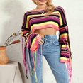 thumbnail image 3 of Ladies‘ Striped Print Tassel Long Sleeve Cropped Knit Tops, 3 of 9