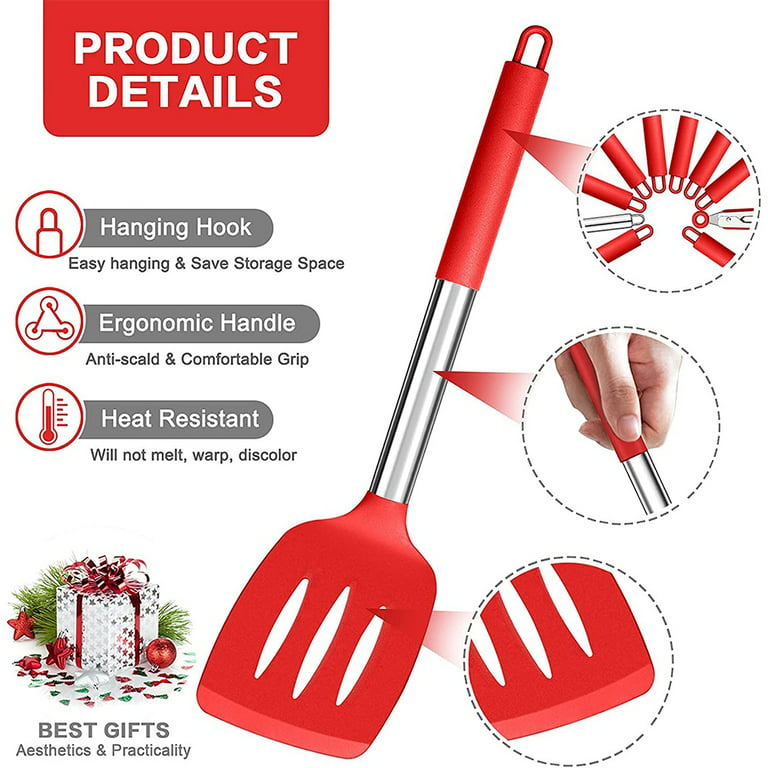 Walchoice 10 Pieces Kitchen Utensils Set, Red Silicone Cooking Utensils  with Stainless Steel Handles