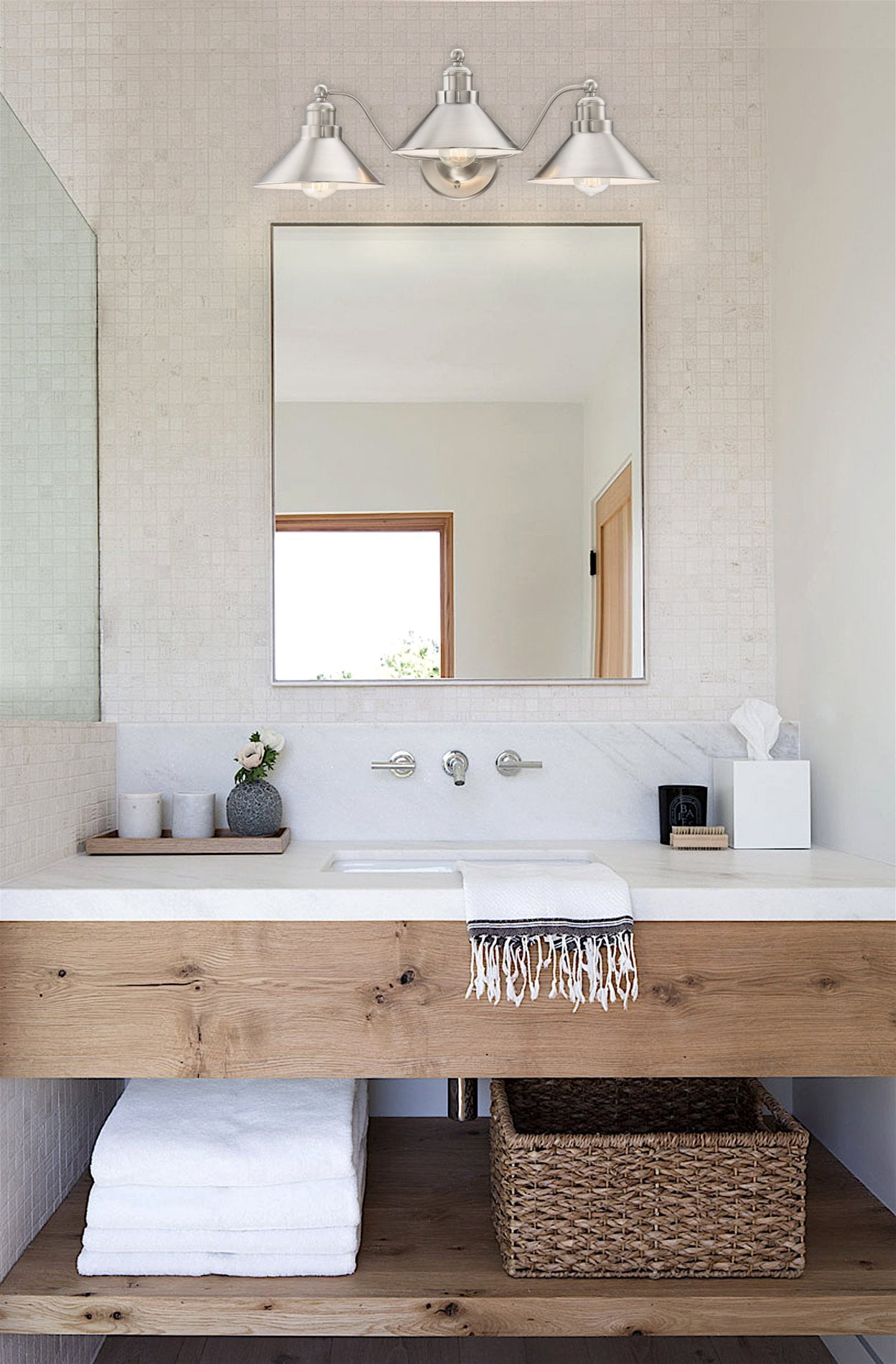 Kira Home Welton 25.5" 3-Light Modern Farmhouse Bathroom Light, Vintage Vanity Barn Light, Brushed Nickel Finish