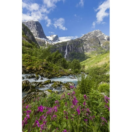 Slow Shutter (Slow Shutter Speed Silky Water of the Olden River as it Flows Along Briksdalen Print Wall Art By Michael)