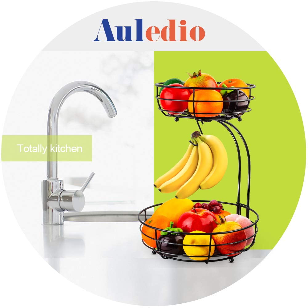 Iron 2-Tier Countertop Fruit Vegetables Basket Bowl Storage With Banana Hanger, Black, 64 ounces