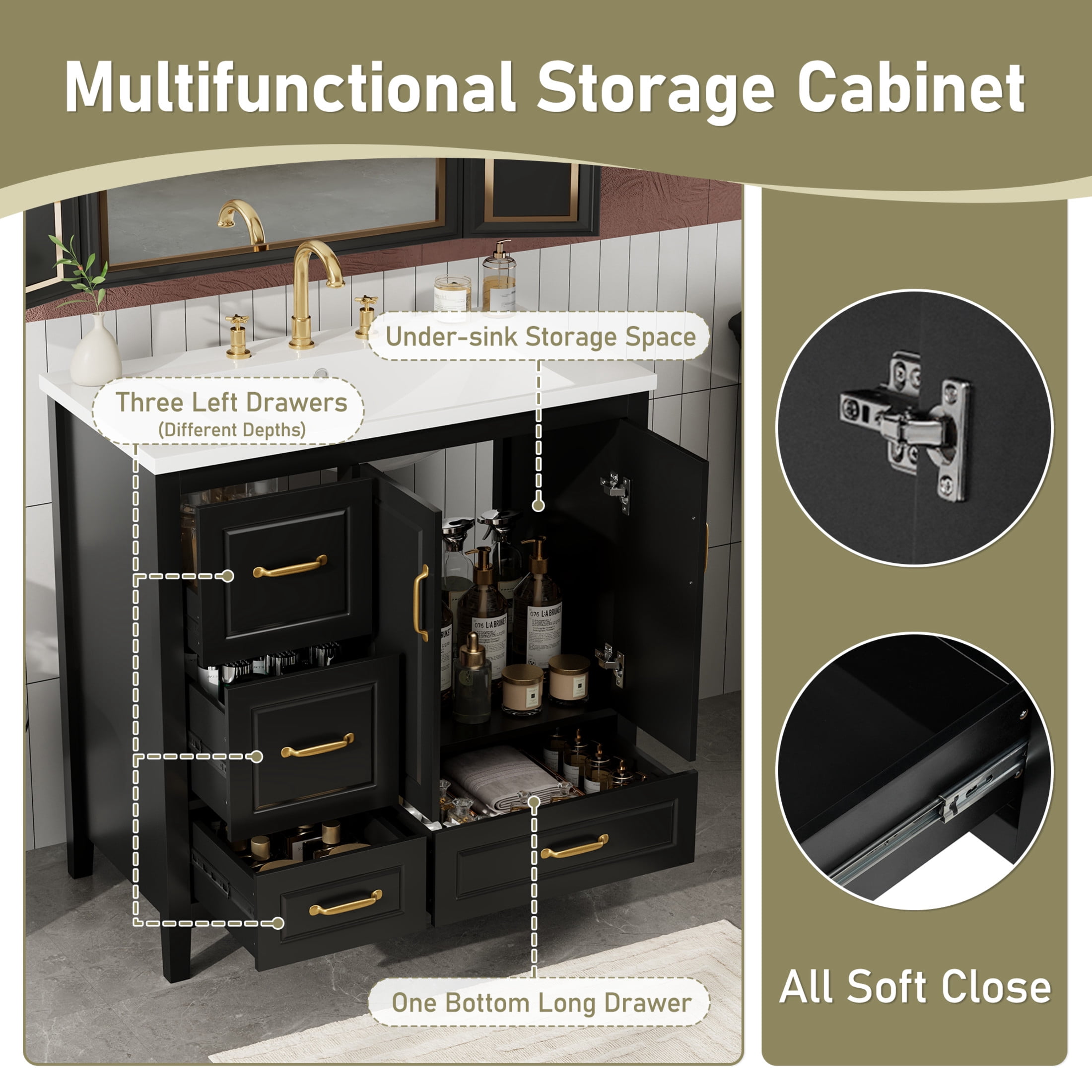 Christopher Knight Home 24" Bathroom Vanity with Sink, Soft-Close Cabinet & Drawers, Black Metal Handles, Black