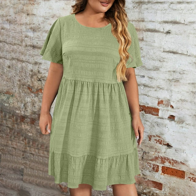 Liquidation d'Été 2025! Robe pour Femme Grande Taille, Liquidation de Robes d'Été pour Femmes, Robe Décontractée Unie à Manches Courtes et Col Rond pour Femme Grande Taille