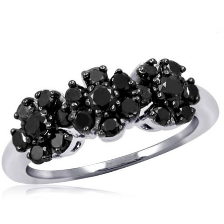 JewelersClub 1.00 CTW Round cut Black Diamond Flower Cluster Sterling Silver Ring