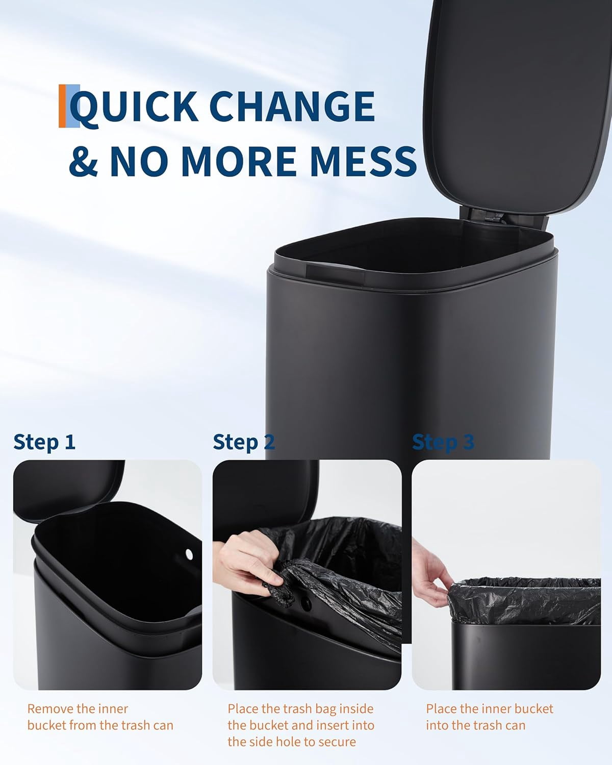 13 gal Slim Trash Can, Step Garbage Can with Soft-Close Lid, Stainless Steel Recycling Bin Waste Container with Removable Inner Bucket for Kitchen, Bathroom, Office (Black)