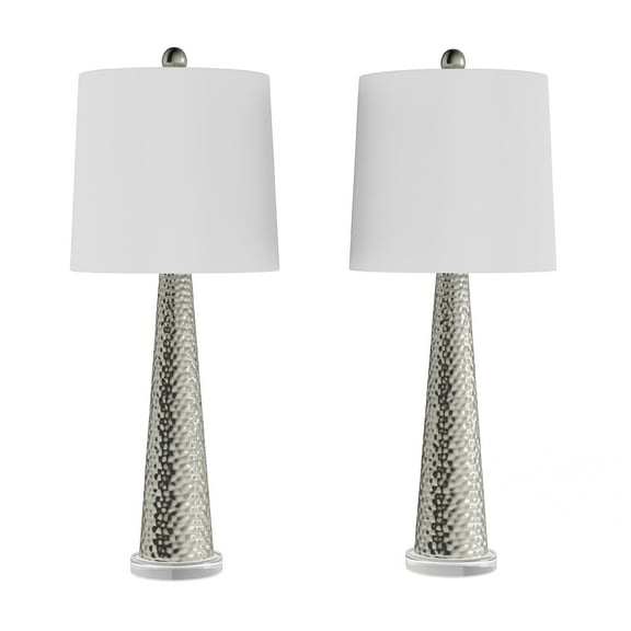 Lavish Home Set of 2 Modern Table Lamps with Hammered Glass Lights and LED Bulb for Bedroom, Living Room, and Office (Silver)