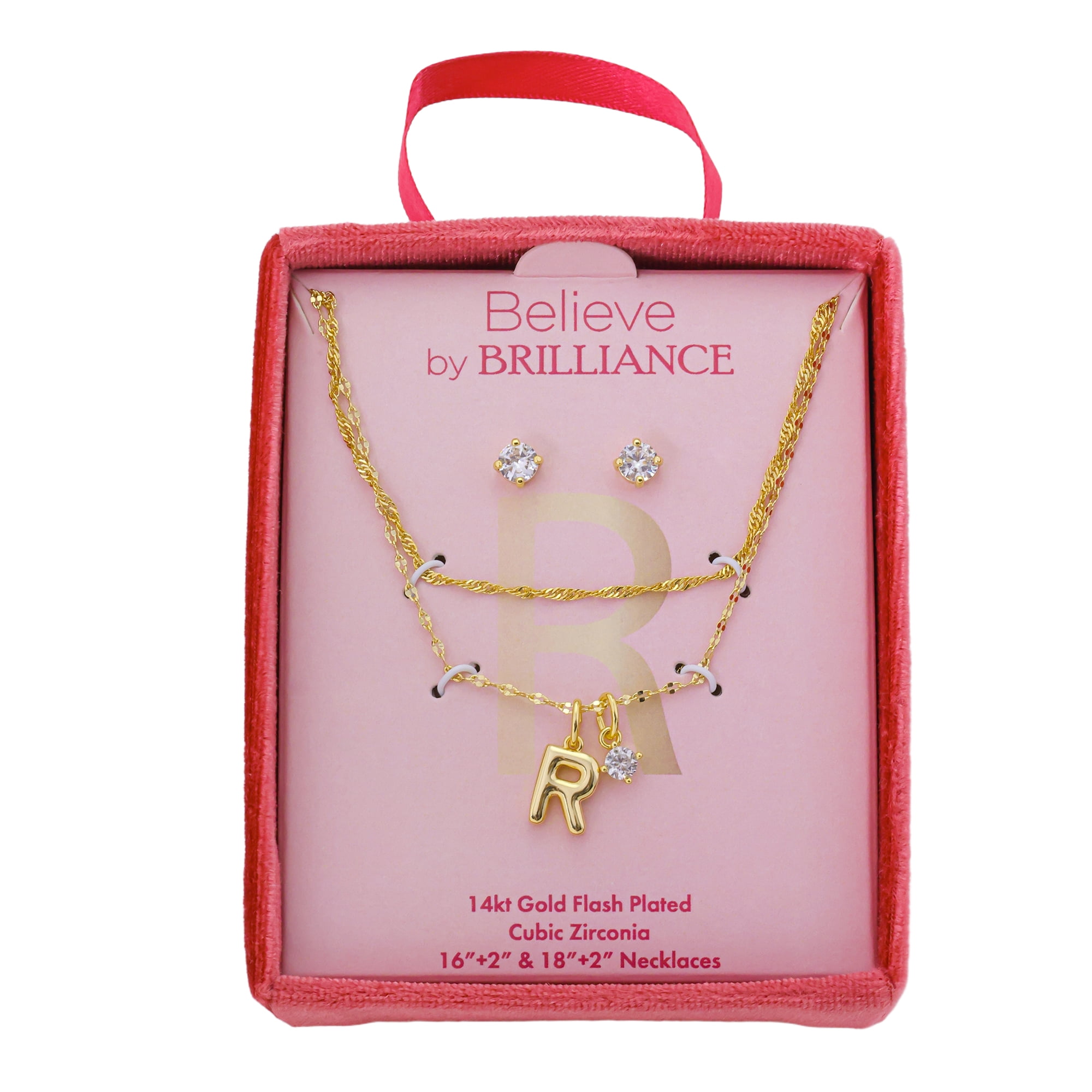 Believe by Brilliance Women's 14Kt Gold Flash Plated Initial R Slider Charm and Cubic Zirconia Charm Layered Necklace and Stud Earring Set, 16+2"/18+2"