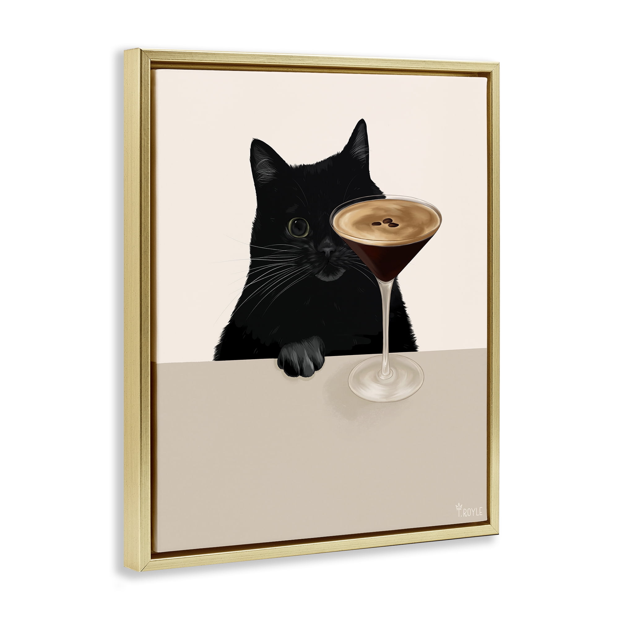Stupell Industries Cat & Espresso Martini Food & Beverage Painting Gold Floater Framed Art Print Wall Art, 17 x 21