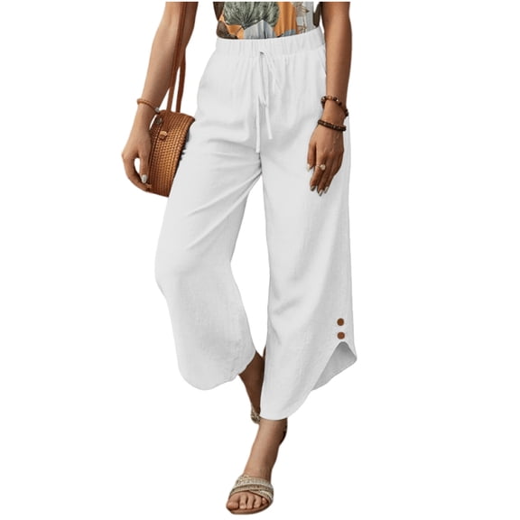 Lenpel Linen Pants Women Cotton Elastic High Waisted Drawstring Side Button Cropped Wide Leg Pants Baggy Casual Trousers
