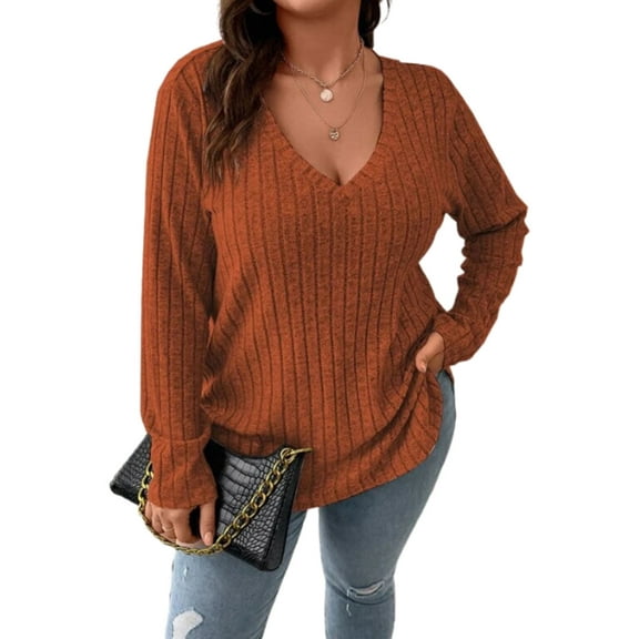 Women Plus Top 5XL Sweater Top Tunic Top Pullover Lady Top Long Sleeve Daily V-neck Autumn Daily Sweater Top Loungewear Striped Cogild