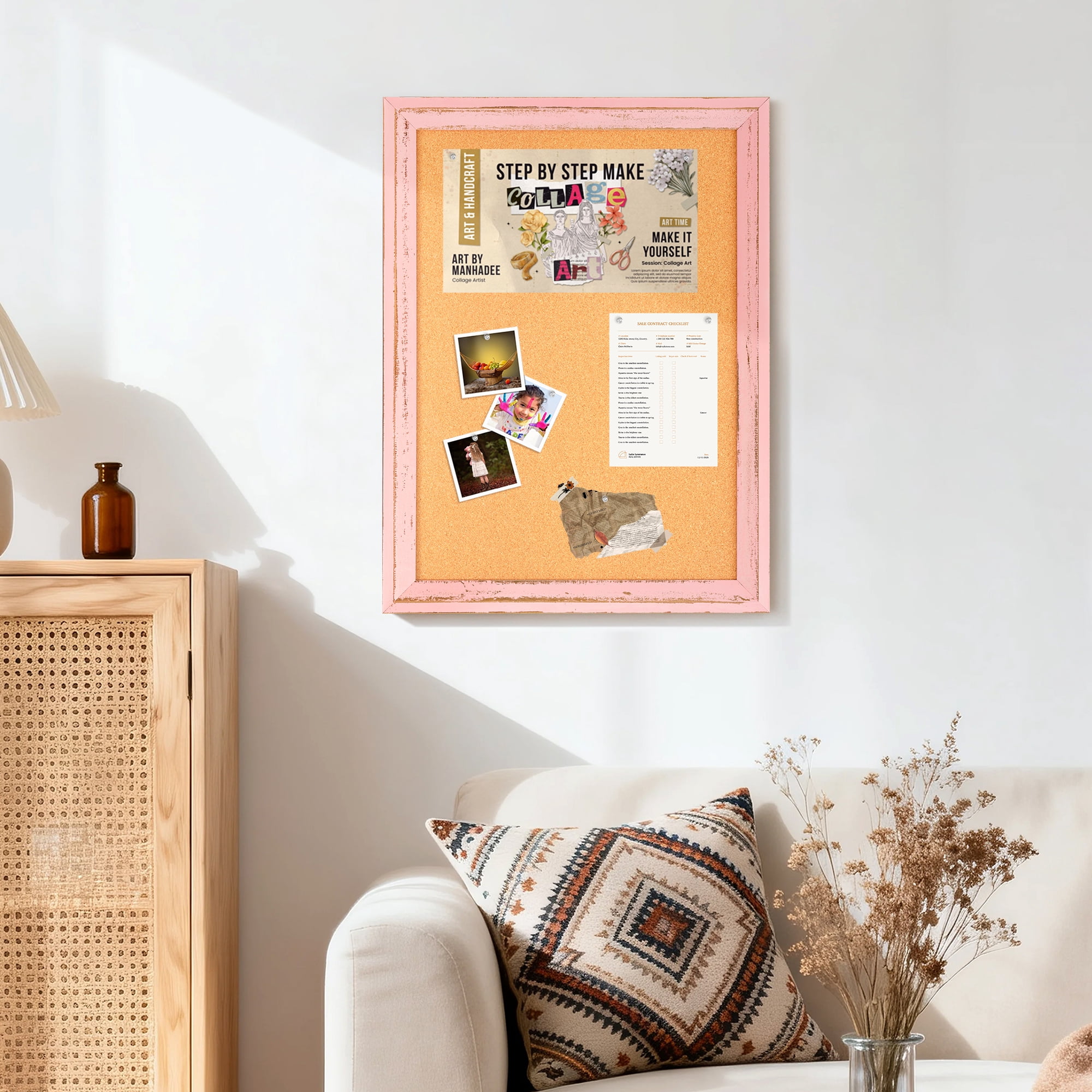 DOLLAR BOSS Poster Board Bulletin Board Pink Cork Board for Wall 24 X 18 Inches Message Project Board Decorative Hanging Pin Board for Office & Home Decor with 10 Pushpins