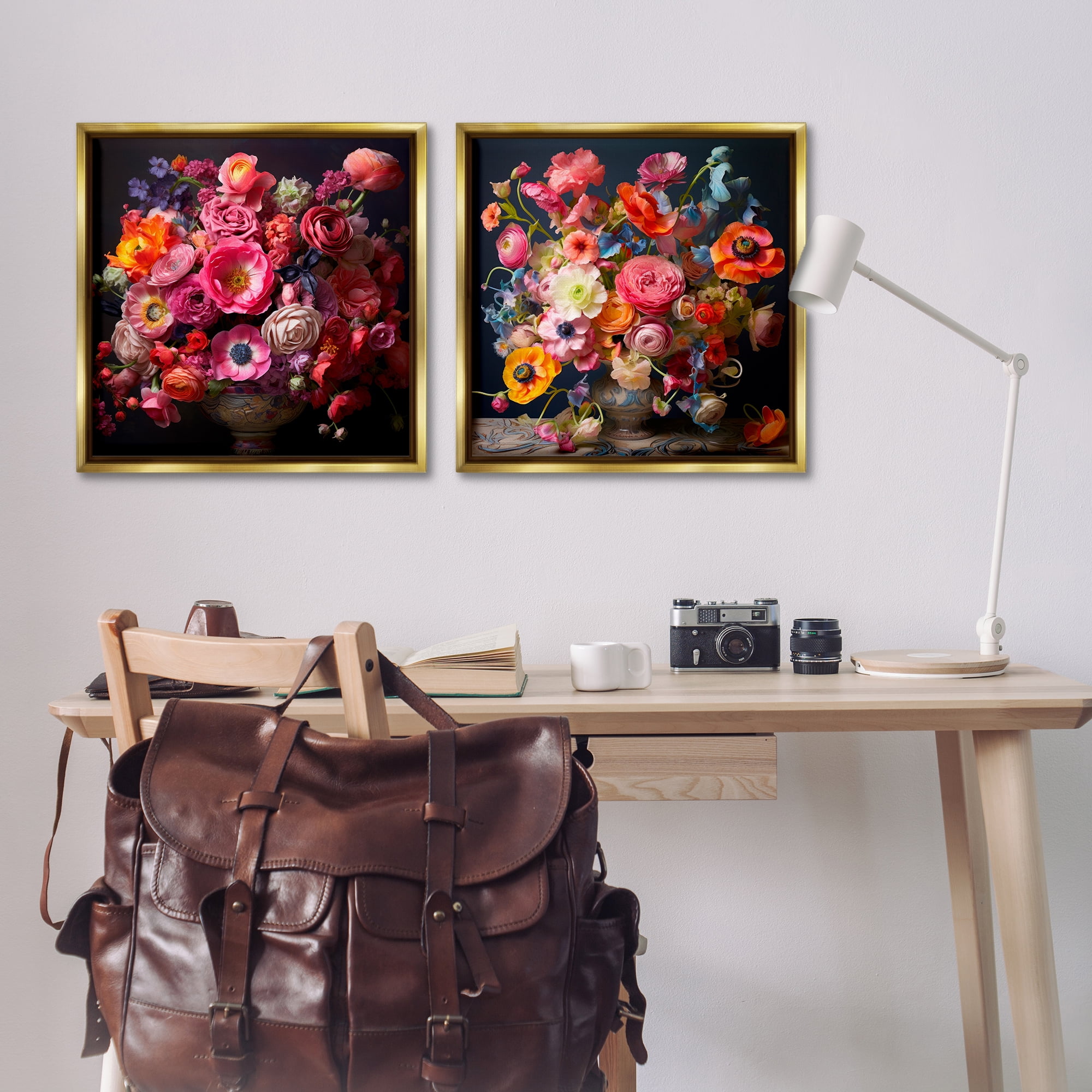 Stupell Industries Stunning Still Life Floral Arrangement Plants & Flowers Photography Gold Floater Framed Canvas Art Print Wall Art, 25 x 25, Set of 2