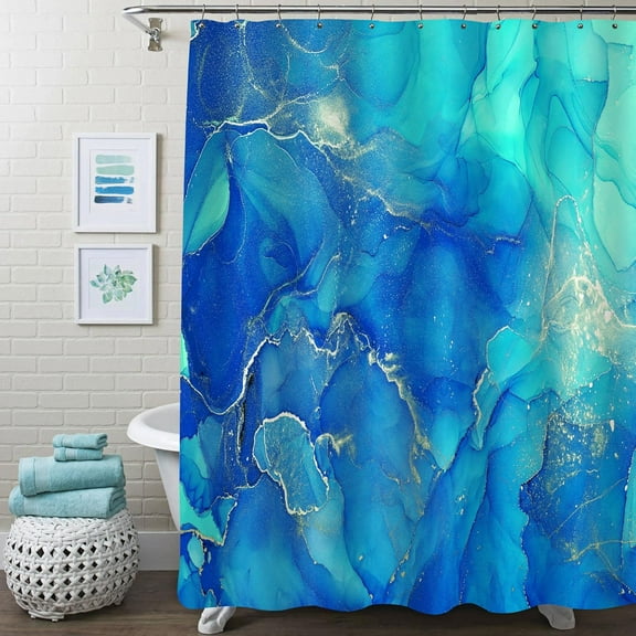 Blue Marble Shower Curtain, Abstract Royal Blue Fabric Shower Curtain for Bathroom, Modern Ombre Watercolor Ink Art Shower Curtain Set with Hooks, 72 x 72