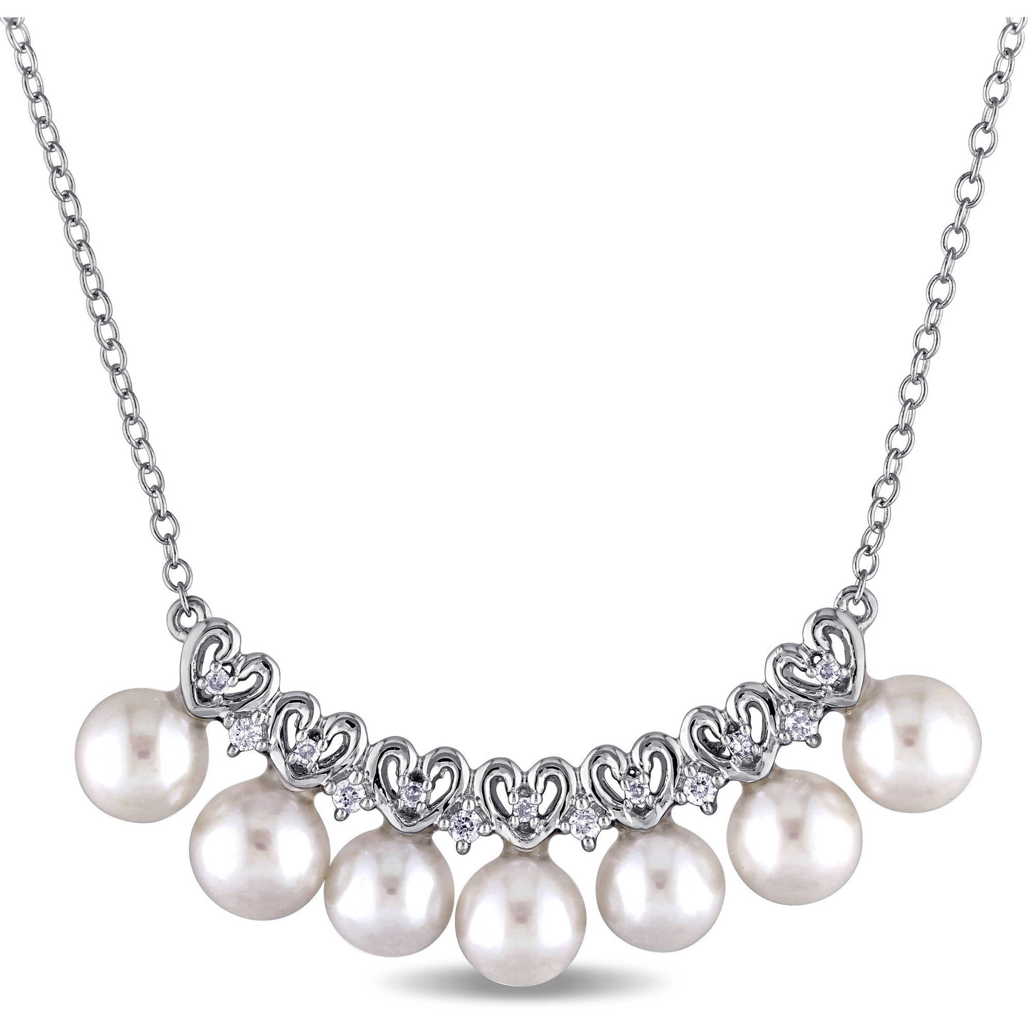 Miabella 5.5-6mm White Cultured Freshwater Pearls and 1 10 Carat T.W. Diamond Sterling Silver Linear Necklace, 17" by Miabella