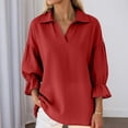 thumbnail image 2 of Ladies Tops and Blouses Loose Fit Long Sleeve Solid Color Fashion Lapel Compression Shirt Womens,Red,XL, 2 of 5