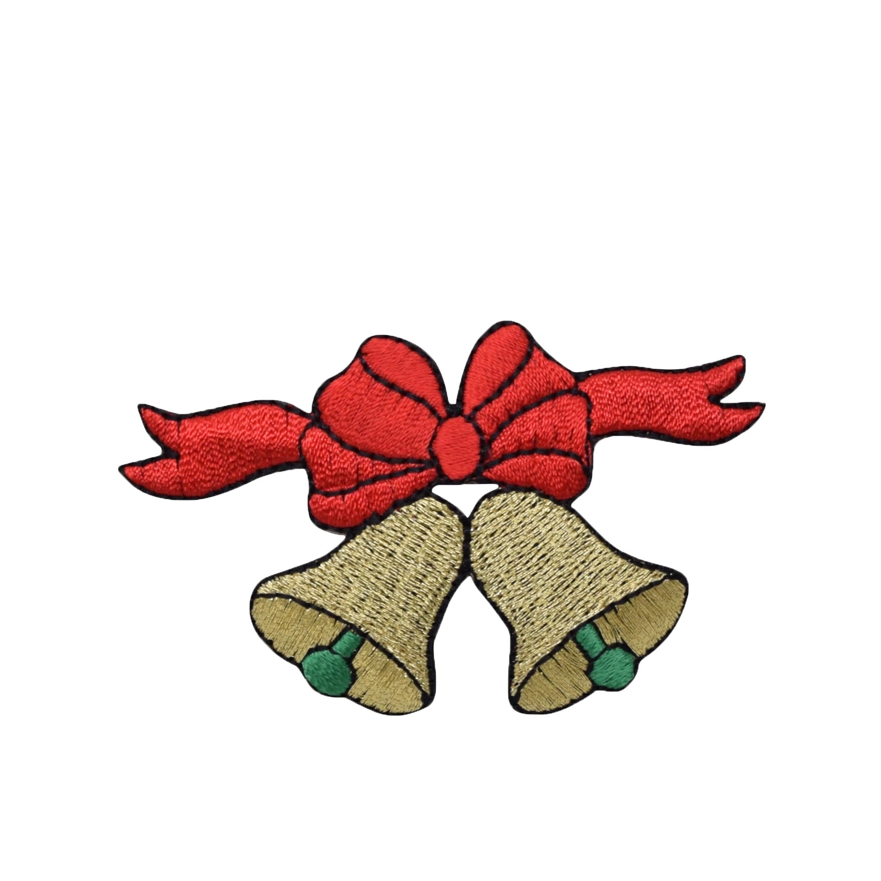 CHRISTMAS BELLS GOLD w/RED BOW Iron On Embroidered Patch/Holidays 3" x 1 3/4" 