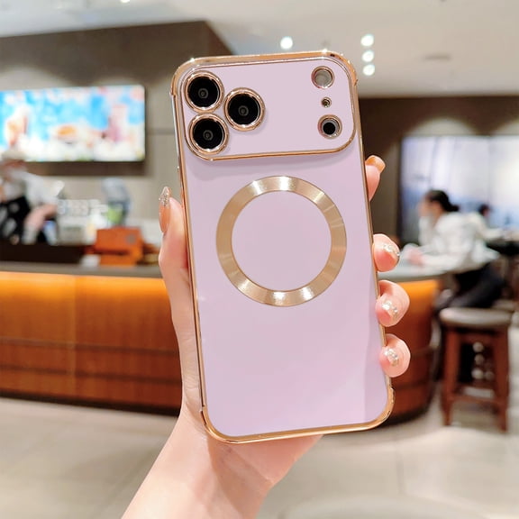 Luxury Magnetic Case For iPhone 17 Pro with Camera Lens Protection, Electroplated Shiny Frame Slim Soft TPU Shockproof Cover, Compatible with MagSafe Wireless Charging,Purple