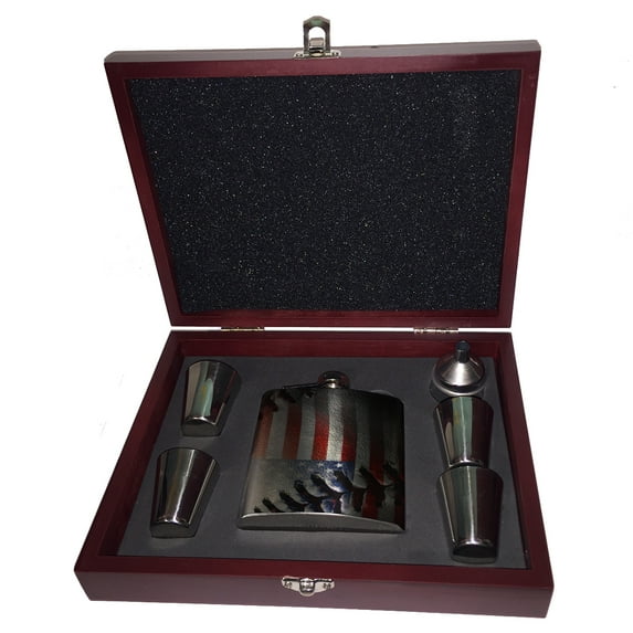 KuzmarK 6 oz. Stainless Steel Flask Set in Rose Wood Presentation Box - American Flag Baseball Stitch