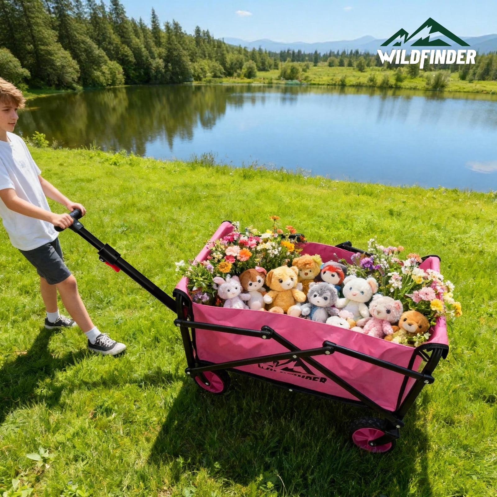 WildFinder Collapsible Small Outdoor Wagon Cart with Adjustable Handle & Waterproof Fabric, Folding Utility Wagon for Garden, Camping and Daily Use, Pink