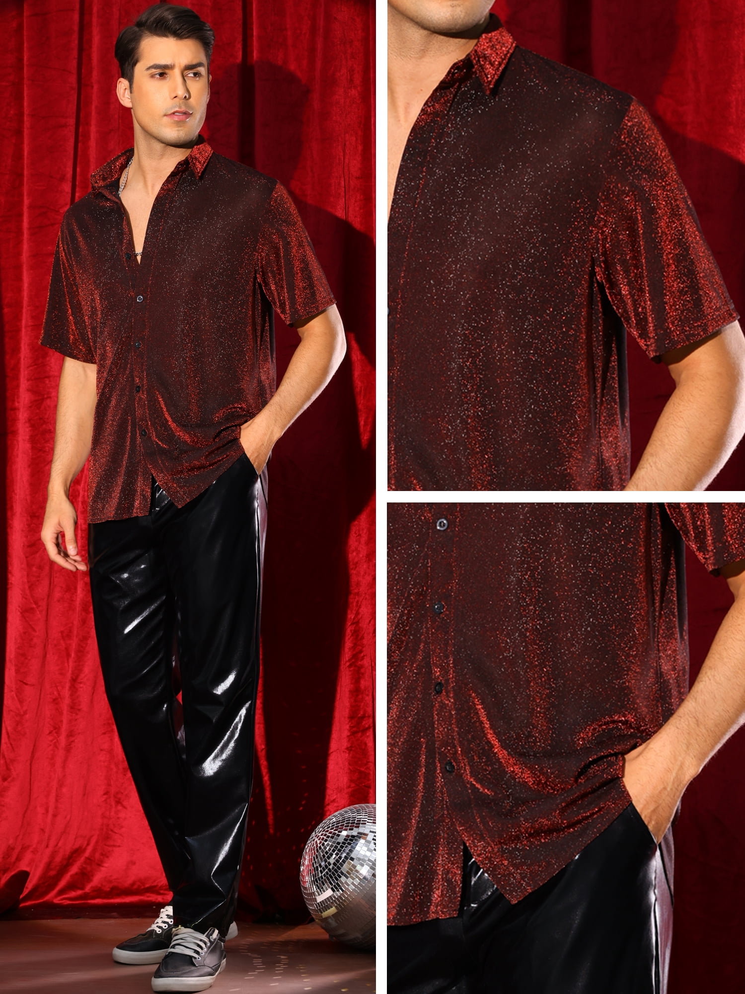 DARING DIVA Men's Sparkle Metallic Shiny Disco Party Short Sleeve Shirts S Red