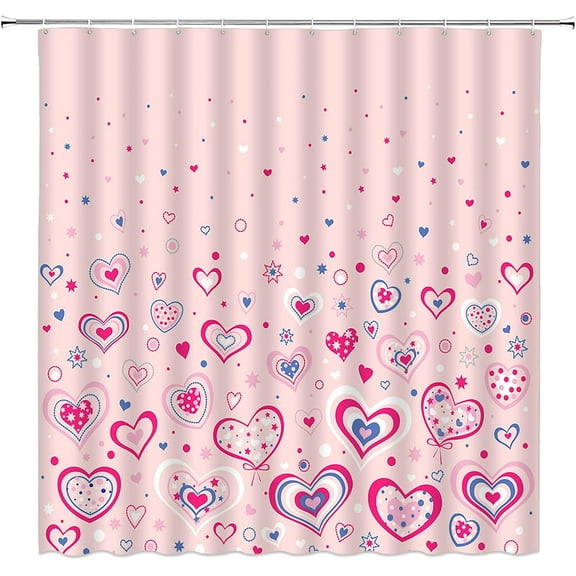 Valentine''s Day Shower Curtain Pink Love Heart Star Romantic Sweet Couple Holiday Boho Fabric Bathroom Decor Curtains with Hooks,Pink